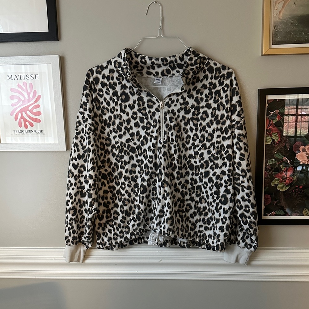 Oversized Quarter-Zip Leopard Print Sweatshirt